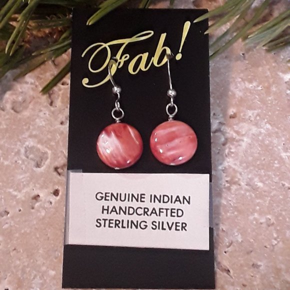 Native American Sterling & Orange Spiny Oyster Shell Earrings Ear Wires - Picture 2 of 4